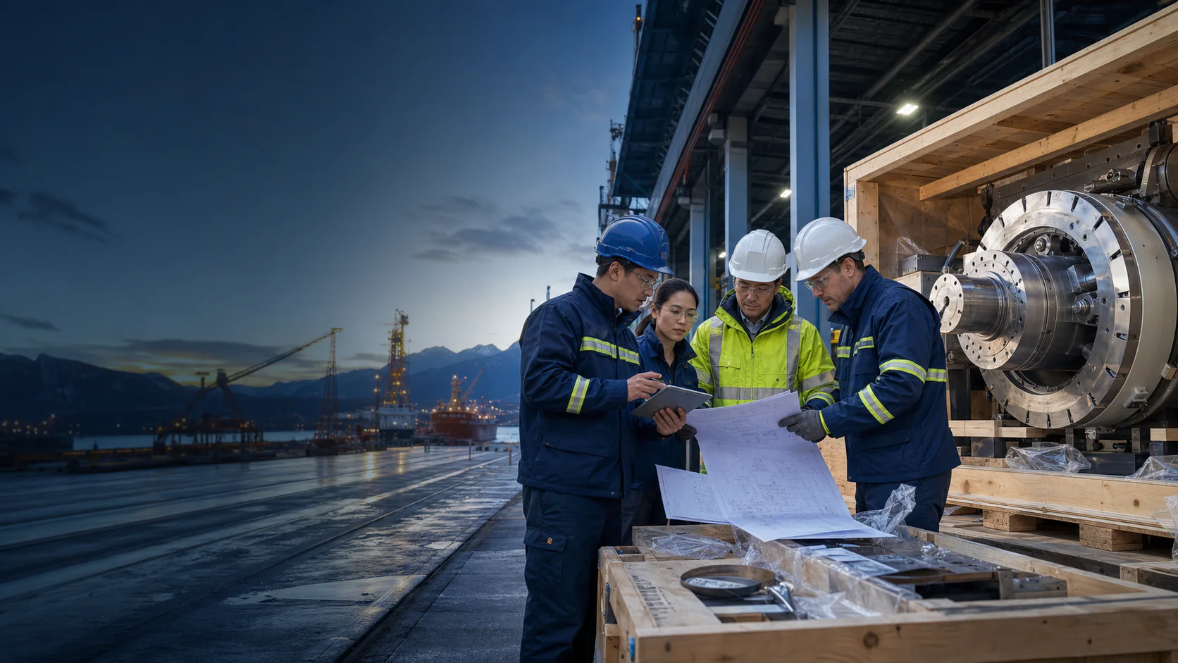 Chinese and Canadian engineers reviewing industrial equipment prepared for delivery