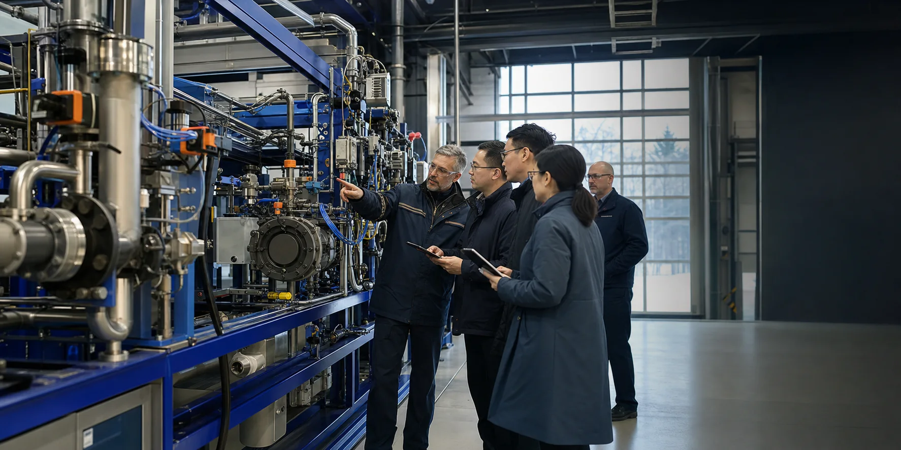 Canadian and Chinese engineers reviewing a modular industrial process system
