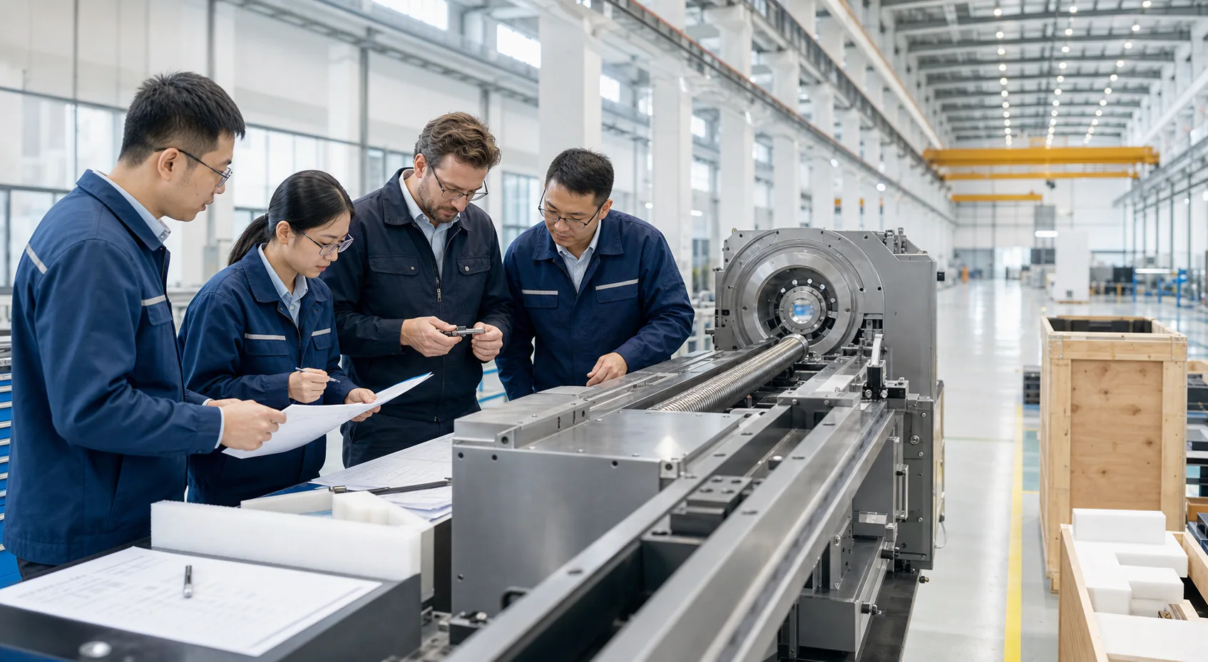 Engineers reviewing precision equipment in a modern manufacturing facility