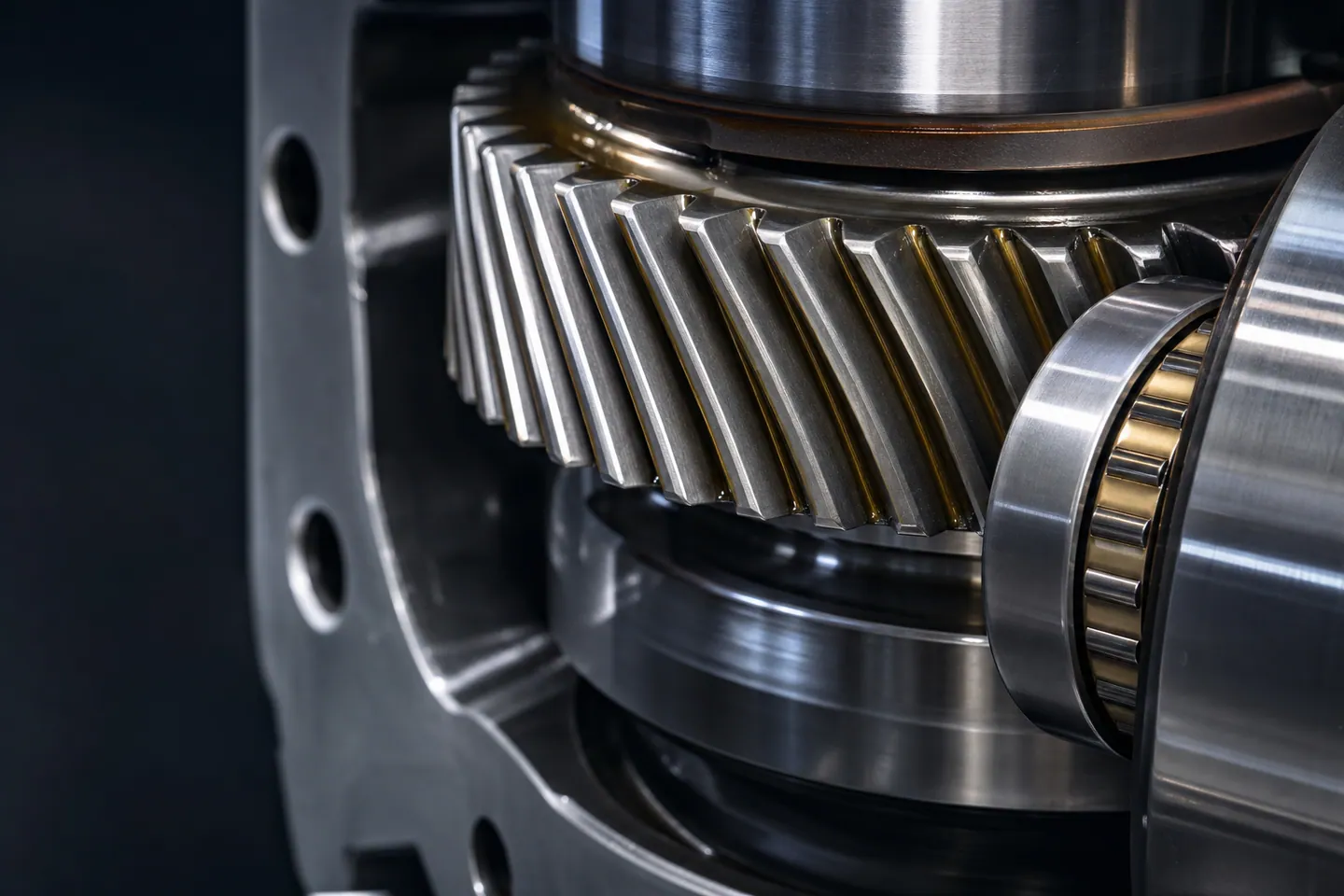 Close-up of precision helical gears and a bearing assembly