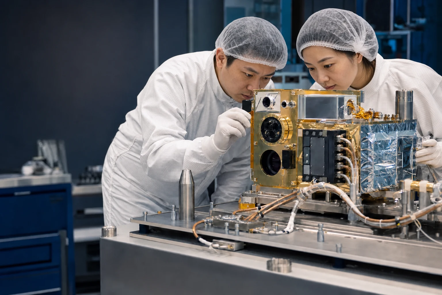 Representative civilian space-science instrument being inspected in a clean laboratory