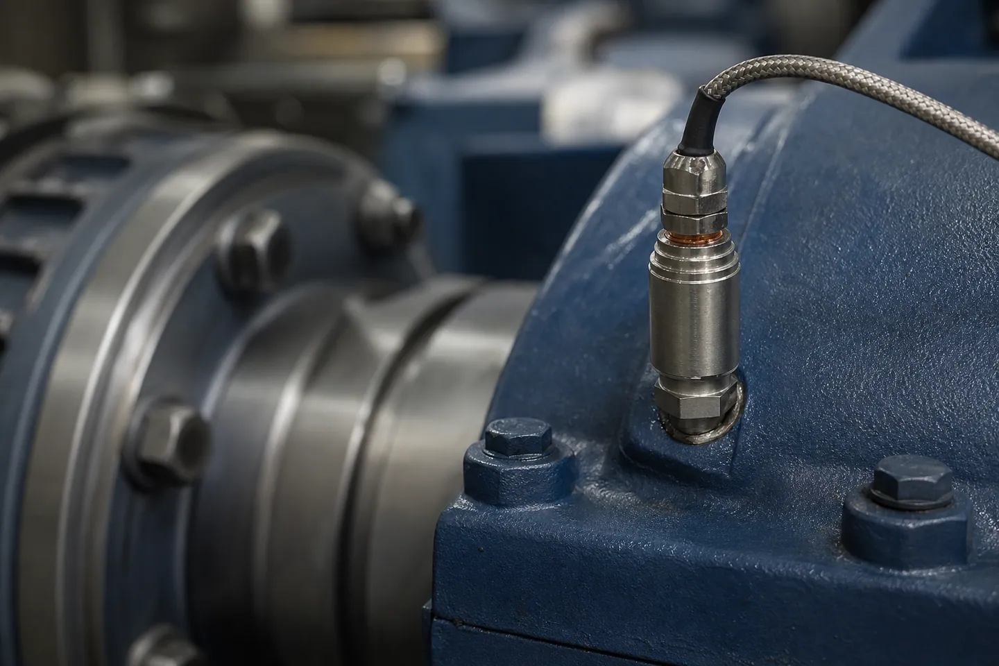 Close-up of an industrial sensor installed on a gearbox housing