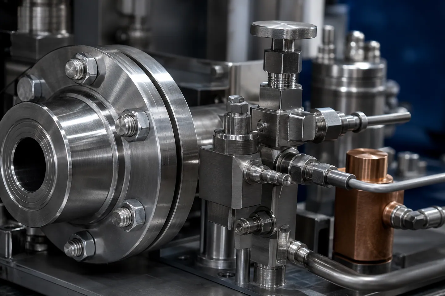 Close-up of a machined stainless-steel valve manifold and flange